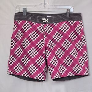 Miken Men's Reversible Pink Plaid Gray Swim Shorts Trunks Waist 33"